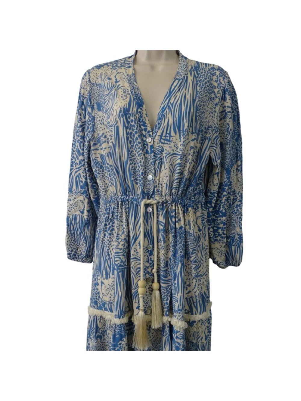 Bognar Blu Long Sleeve Blue Animal Print Midi Dress Women Size M Tassel Fringe - Picture 3 of 9